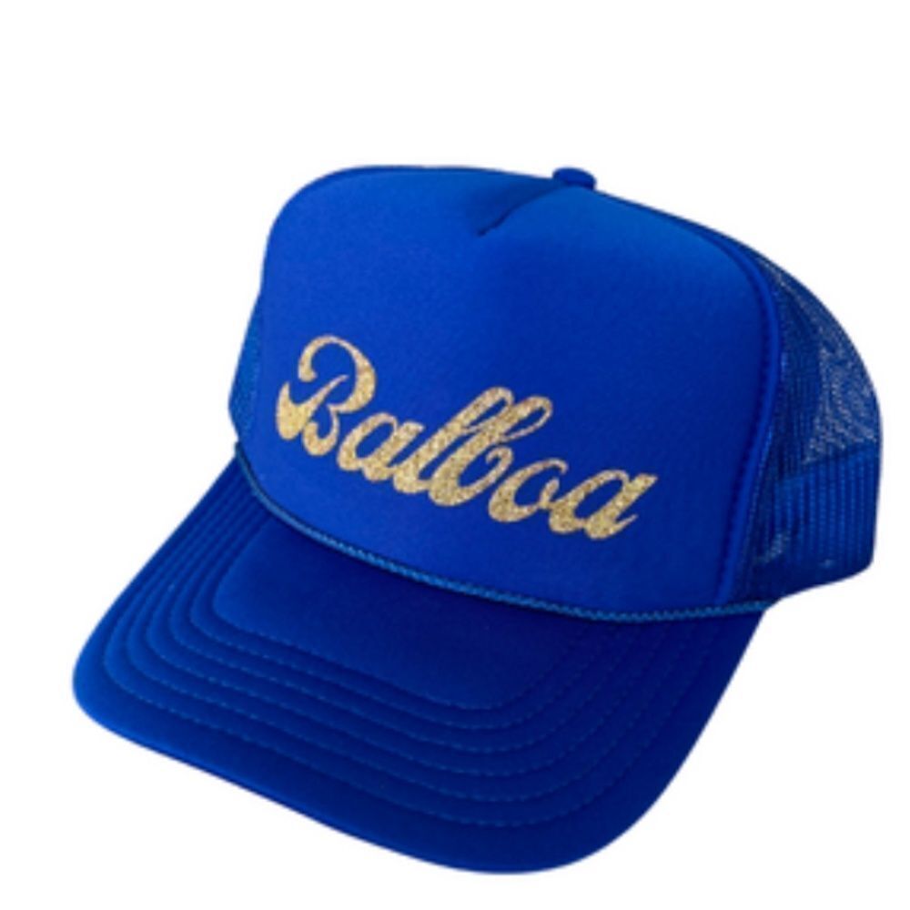 Balboa Blue Hat Gold Glitter Writing BRAND NEW Trucker Hat - Snap Back